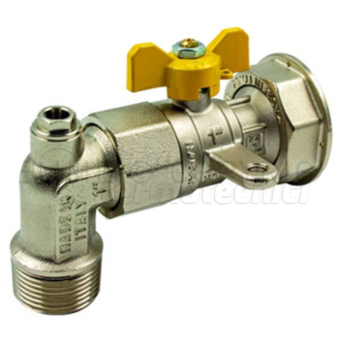 VALVOLA A SFERA DIRITTA A PASSAGGIO TOTALE PER GAS CON CURVA 360° E PRESA PRESSIONE 1''MX1''1/4F