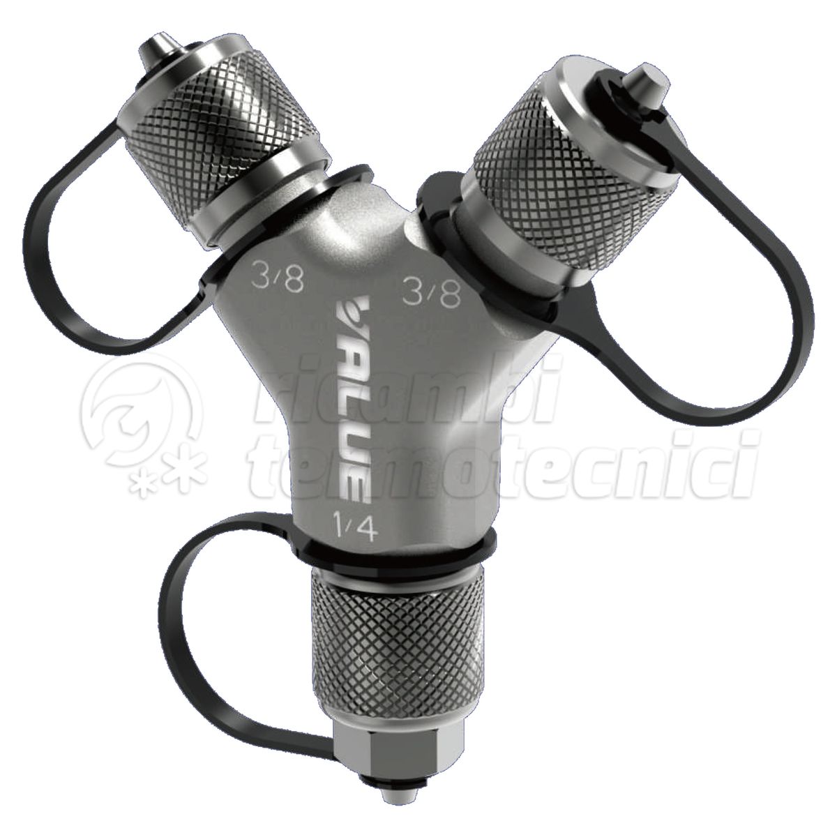 RACCORDO A Y PER ALTO VUOTO E RECUPERO RAPIDO INGR. 1/4''SAE F E DOPPIA USCITA 3/8''SAE M