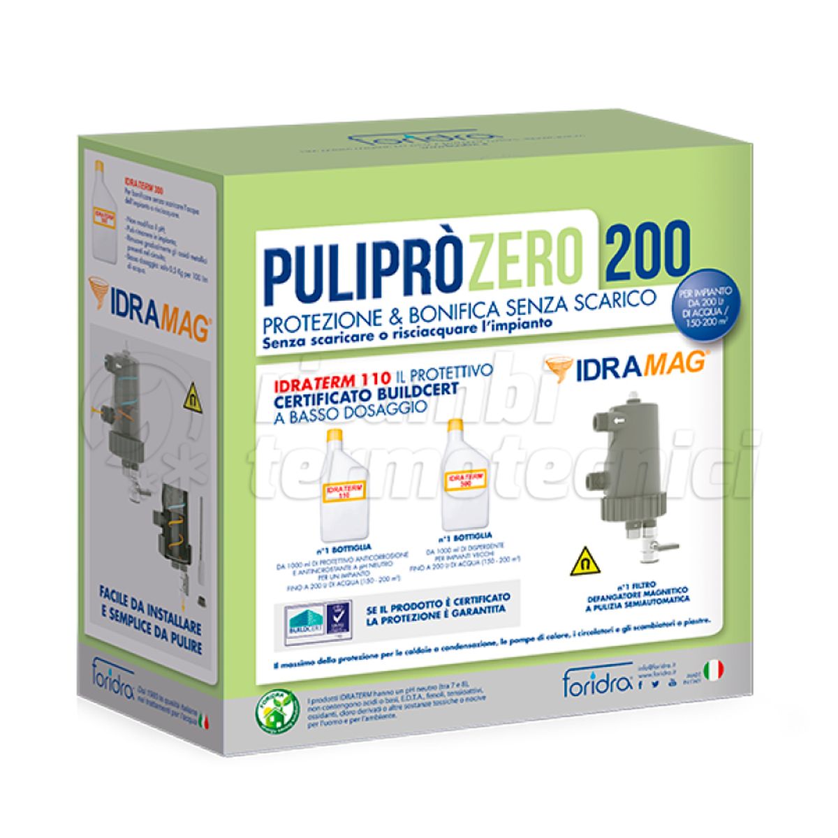 FORIDRA PULIPRÒ ZERO 200 K - KIT SOLUZIONE ZERO200+PROTETTIVO+DISPERDENTE+DEFANGATORE+KIT INSTALLAZIONE INCLUSO