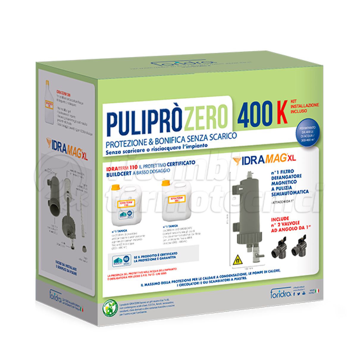 FORIDRA PULIPRÒ ZERO 400 K - KIT SOLUZIONE ZERO400+PROTETTIVO+DISPERDENTE+DEFANGATORE+KIT INSTALLAZIONE INCLUSO